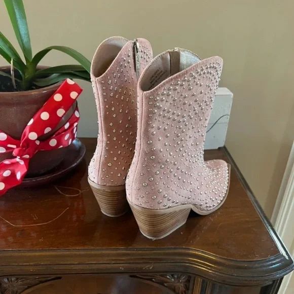 Studded Pink Suede Western Ankle Boots - Picture 3 of 5